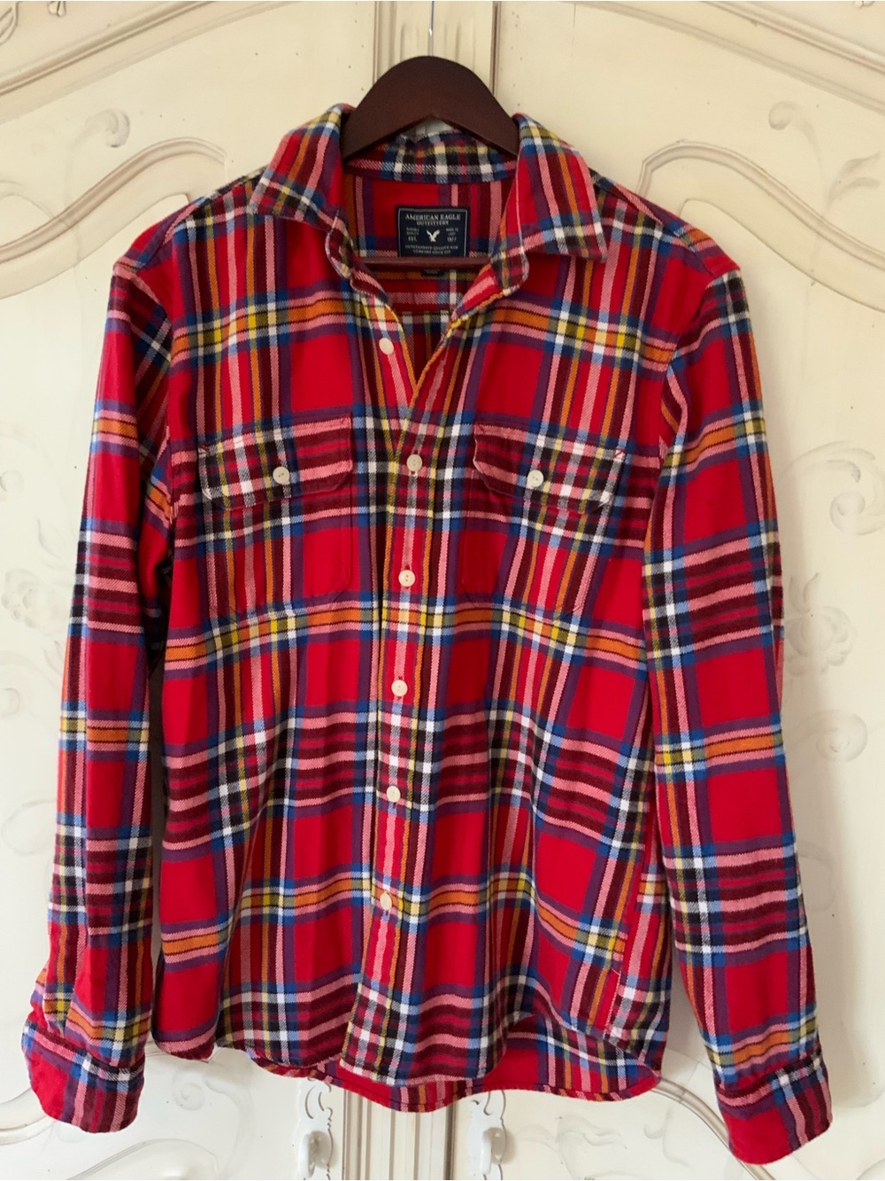 American Eagle Outfitters 100% Cotton Multi Red with Blue & Yellow Plaid Shirt